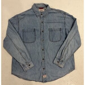 Levi Strauss Shirt Mens Large Blue Denim Distressed Button up Long Sleeve